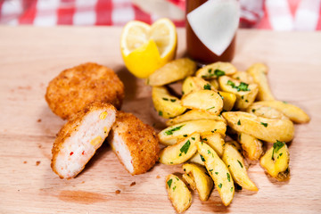 Kiev chicken with idaho potatoes on wooden board