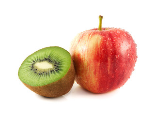 Isolated wet red apple with half of kiwi