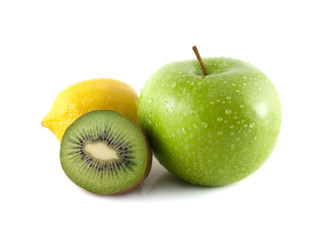 Isolated green apple with yellow lemon and kiwi