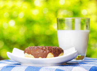 Fresh donut and glass of milk on nature background