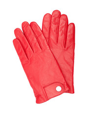 Close up of pair of female red leather gloves, isolated