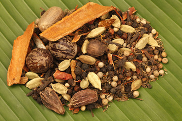 Variety of raw Indian Spices on Banana Leaf