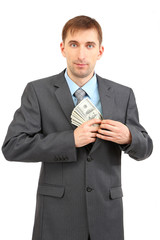 Young businessman with money isolated on white.