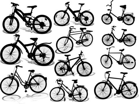 Set of 11 silhouettes of bicycle on a white background