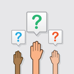 Hands raised with question mark icons