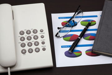 business report with telephone on a table