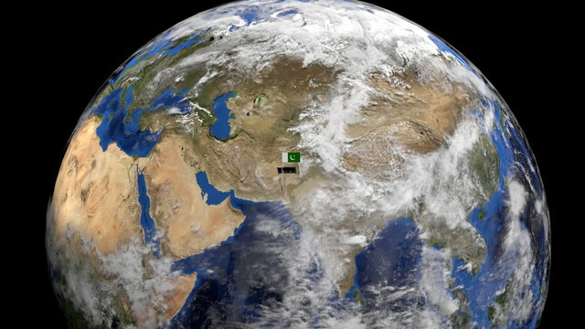 Pakistani flag on pole on earth globe animation