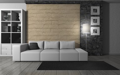 Wohndesign - Sofa weiß neben Naturstein Mauer