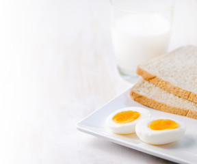 Boiled eggs, toasts and glass of milk