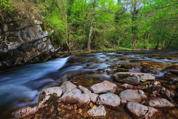 Naklejka na ściany i meble Waterfalls and mountain stream in the forest in spring
