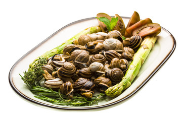 Escargot with asparagus, rosemary, thymus and tomato