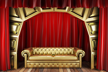red fabric curtain and sofa on golden stage