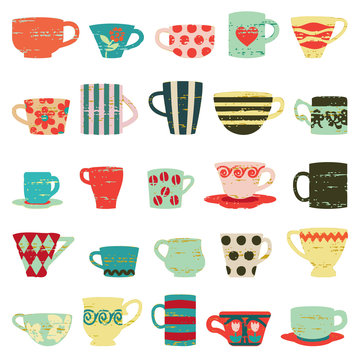 Colorful vintage cups and mugs