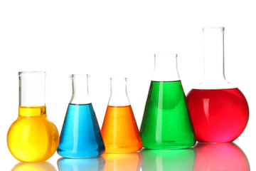 Test tubes with colorful liquids isolated on white