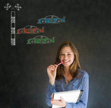 Business Woman Nascar Racing Car Fan On Blackboard Background