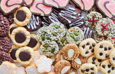 Colorful mix of decorated cookies.