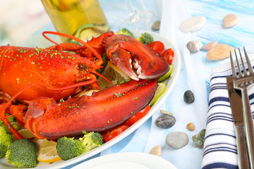 Red lobster on platter on serving table close-up