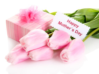 Beautiful bouquet of pink tulips and gift for Mother's Day,