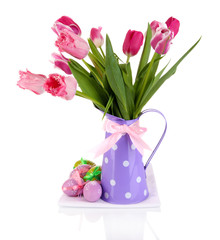 Easter composition with fresh tulips and easter eggs isolated