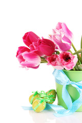 Easter composition with fresh tulips and easter eggs isolated