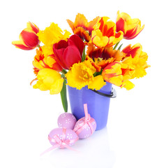 Easter composition with fresh tulips and easter eggs isolated