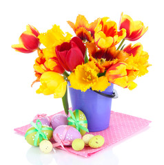 Easter composition with fresh tulips and easter eggs isolated