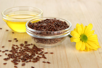 Useful linseed oil on wooden table close-up