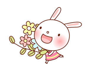 A rabbit is holding flowers