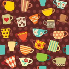 Seamless pattern with colorful cups on dotted background