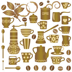 Vintage golden coffee related symbols collection