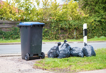 Müllsäcke und Papiertonne am Strassenrand