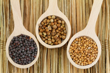 Mustard seeds and coriander seeds on wooden spoons