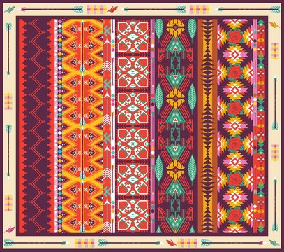 Seamless colorful aztec carpet with birds,flowers and arrow