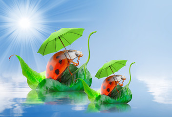 Two funny travelers going to holidays. Children's postcard.