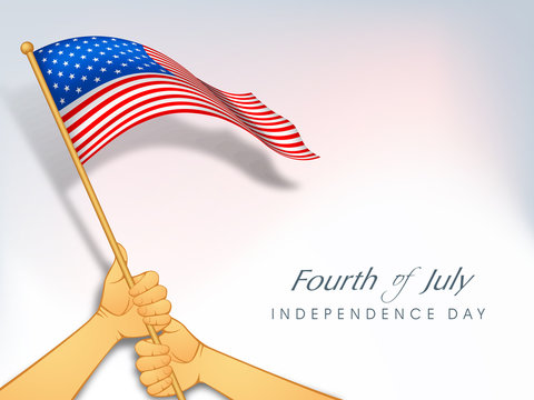 American Independence Day background with waving flag holding by