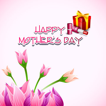Happy Mothers Day background with flowers and gift boxes.