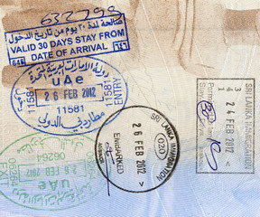 Background of passport stamps closeup