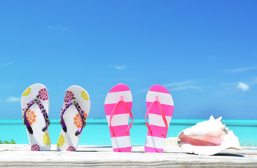 Two pairs of flip-flops and a shell 