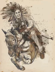 Foto op Canvas Indian Chief op een paard - tekening omgezet in vector © kuco