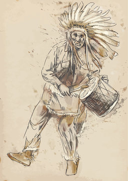 Indian Chief plays the drum and dance - Drawing into vector