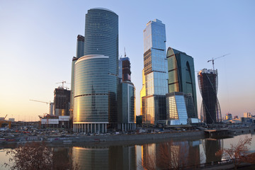 New construction in Moscow at sunset