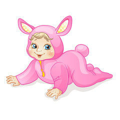 Baby in pink bunny costume.