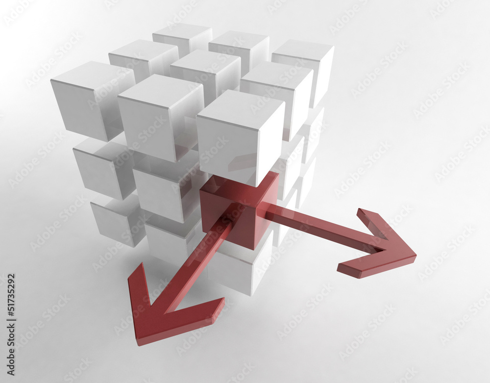 Wall mural white 3d cube with mini red cube | concept
