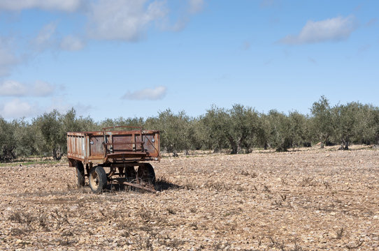 Old farm trailer on a fallow field