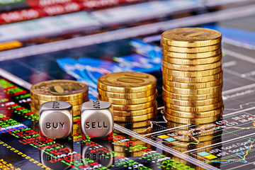 Uptrend stacks golden coins, dices cubes with the worsd SELL BUY