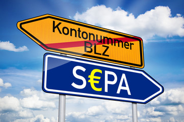 Obraz premium Wegweiser in Blau mit S€PA und Kontonummer BLZ