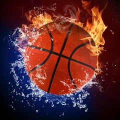 Papier Peint photo autocollant Sports de balle Basketball ball in fire flames and splashing water