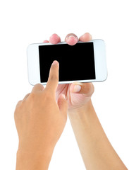 Hand holding mobile smart phone with blank screen