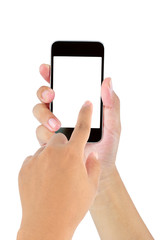 Hand holding mobile smart phone with blank screen