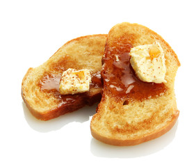 White bread toast with honey on plate, isolated on white